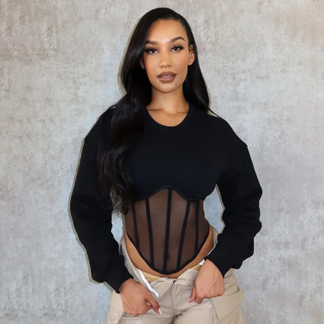 Women's Autumn Round Neck Loose Long Sleeves Waist tight Sweater Black - Shop at LoveMi