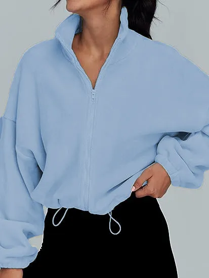 Women's Polar Fleece Sports Velvet Stand Collar Zipper Jacket Light Blue - Shop at LoveMi
