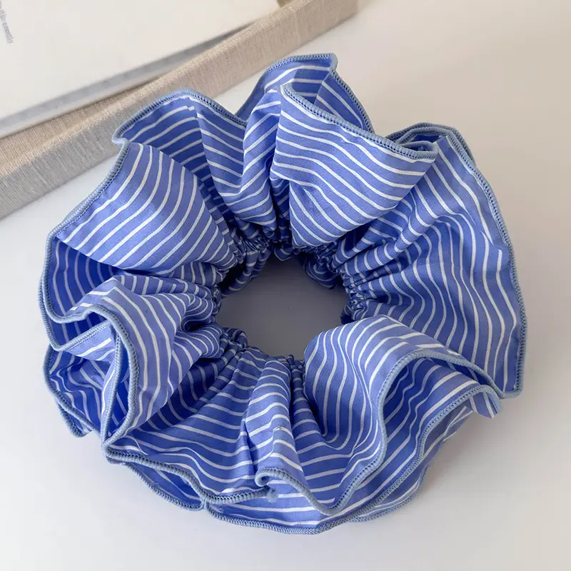 Sweet Blue Striped Double-layer Large Intestine Hair Ring All-match Hair Accessories