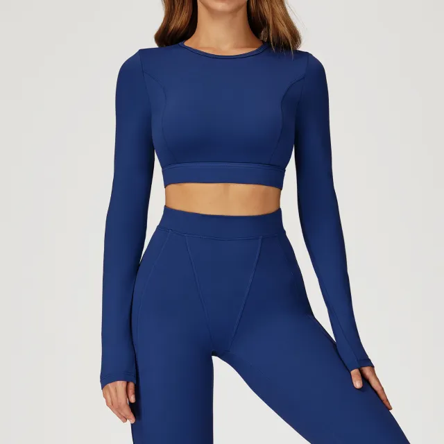 Nude Feel Tight Long Sleeve Sports Round Neck Yoga Long Sleeve Top Dark Blue - Shop at LoveMi