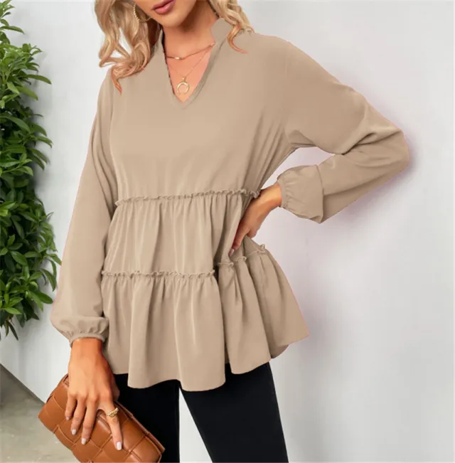 Solid Color And V neck Ruffled Hem Shirt Khaki - Shop at LoveMi