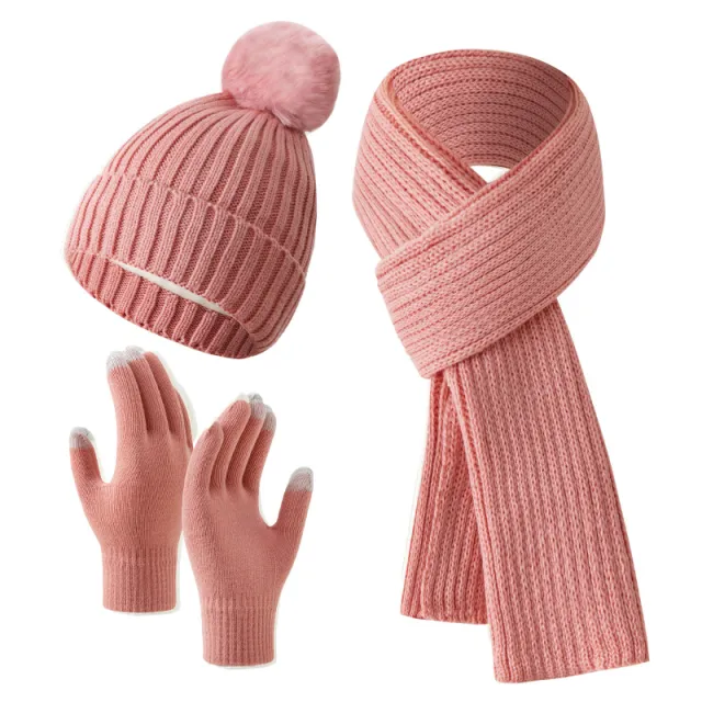Solid Color Woven Hat Scarf And Gloves Warm Set Pink C - Shop at LoveMi