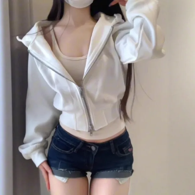 Women's Double Zipper Cinched Hoodie Coat White - Shop at LoveMi