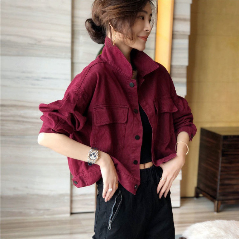 Red Workwear Denim Jacket Women's Short Jacket Top Wine Red - Shop at LoveMi