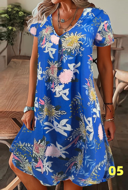 Printed Floral Pattern Round Neck Short Sleeve Dress 05 Style - Shop at LoveMi