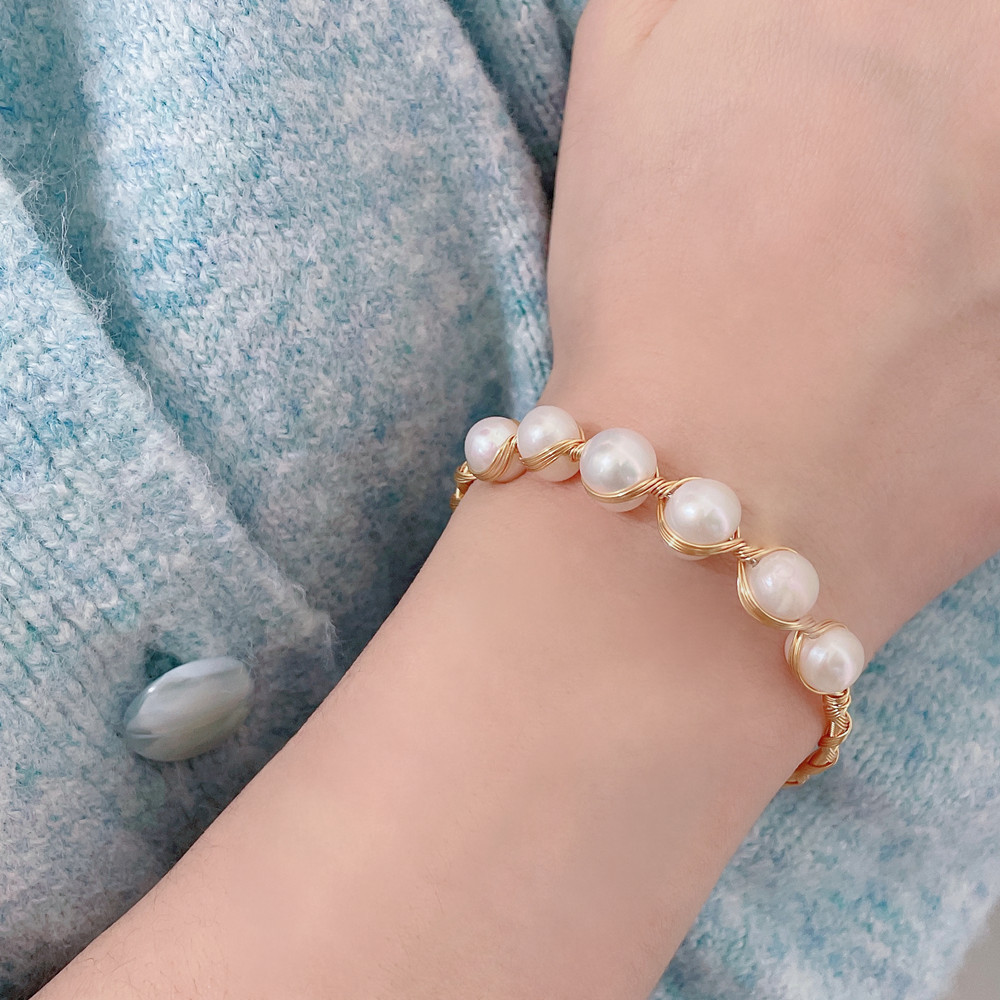 Freshwater Near-round Pearl Bracelet 14K Electroplating Handmade Winding