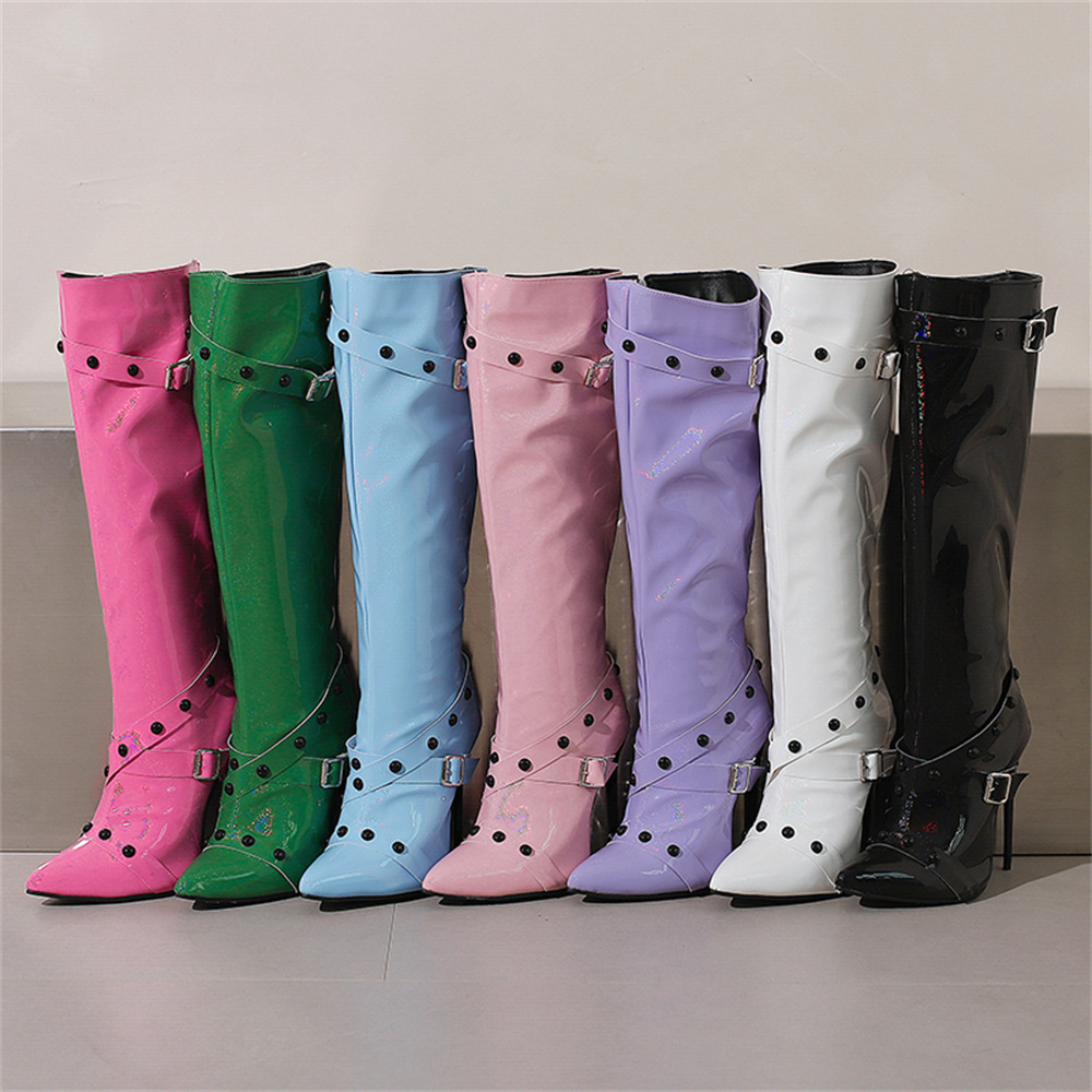 Womens Stiletto Heel Rivet Long Boots