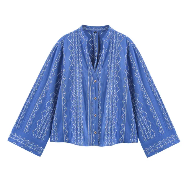 European And American Style Ethnic Style Embroidered Shirt Blue - Shop at LoveMi