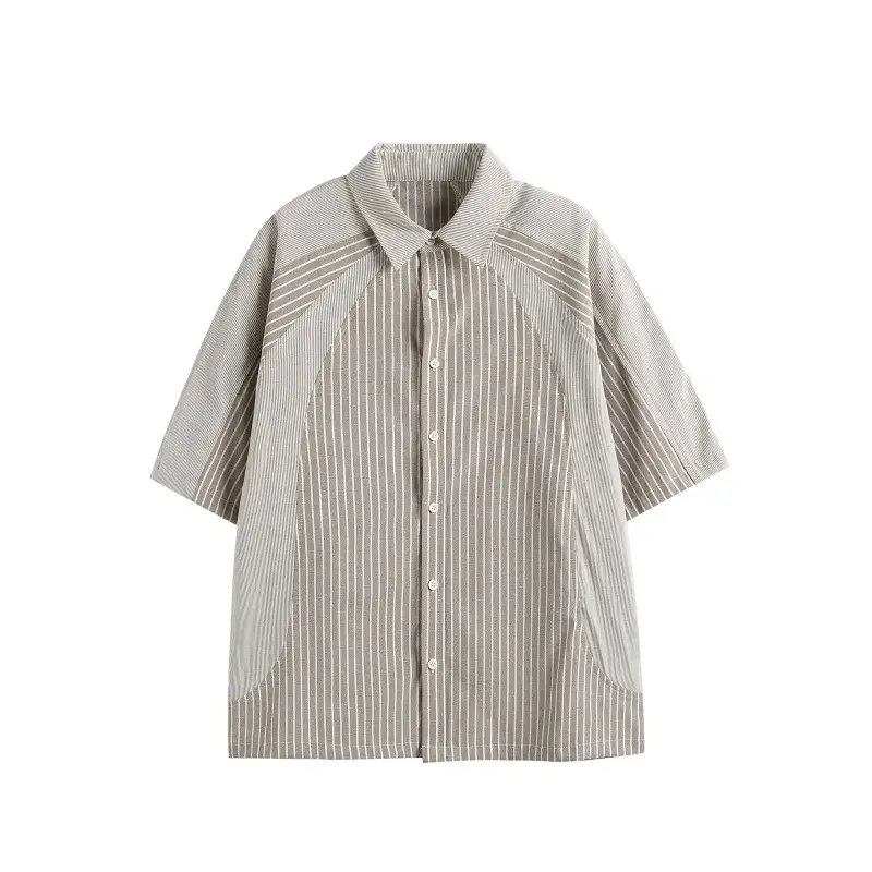 Japanese-style Retro Color Contrast Patchwork Polo Collar Stripes Loose All-match Short Sleeve