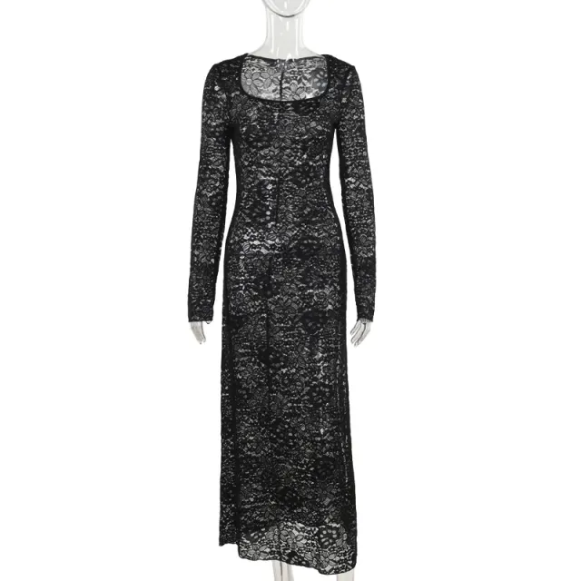 Lace Long sleeve Slit Dress For Women Black - Shop at LoveMi