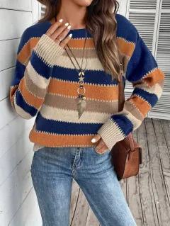 Ins Colorblock Striped Pullover Sweater Fashion Casual Long Sleeve Top Autumn And Winter Women's Clothing - Blue - View 1