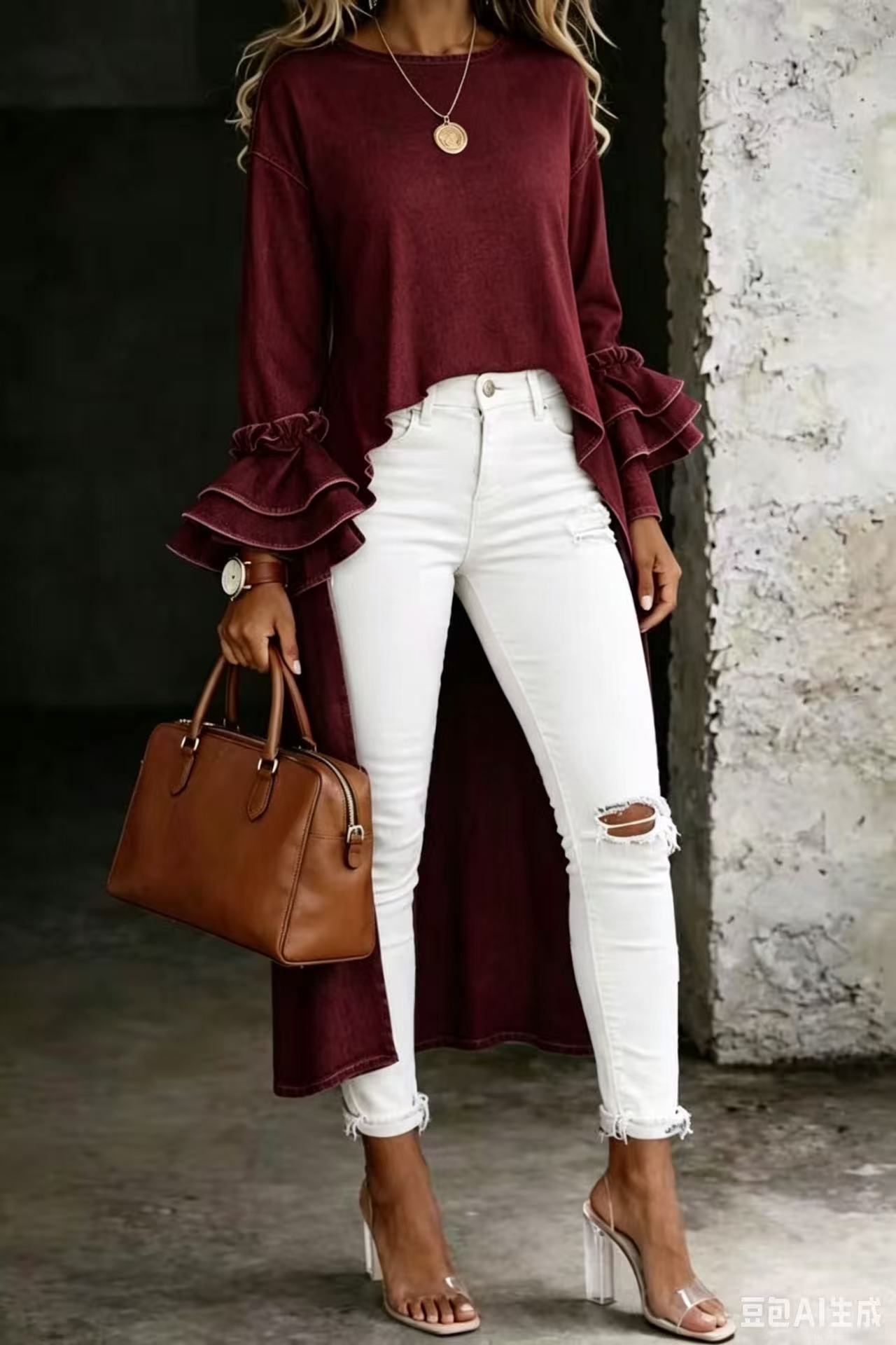 Wrap slit flared skirt set, model wearing outdoor lifestyle photo