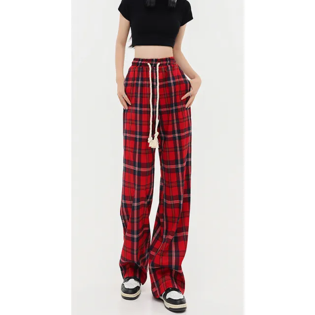 Women's Mop Drawstring Plaid Casual Pants Red Plaid - Shop at LoveMi