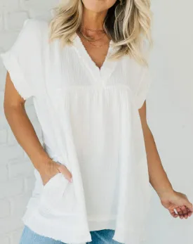 Summer New Solid Color And V neck Cotton And Linen Loose fitting Casual T shirt Women White - Shop at LoveMi