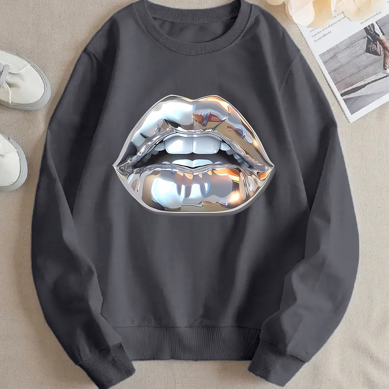 Womens Cartoon Silver Lip-Printed Sweatshirt