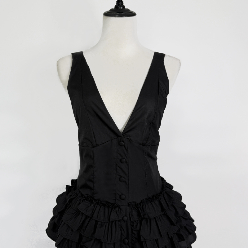 Retro-style Halter-neck Ruffled Tiered Skirt Midi Dress Solid-color One-piece Dress