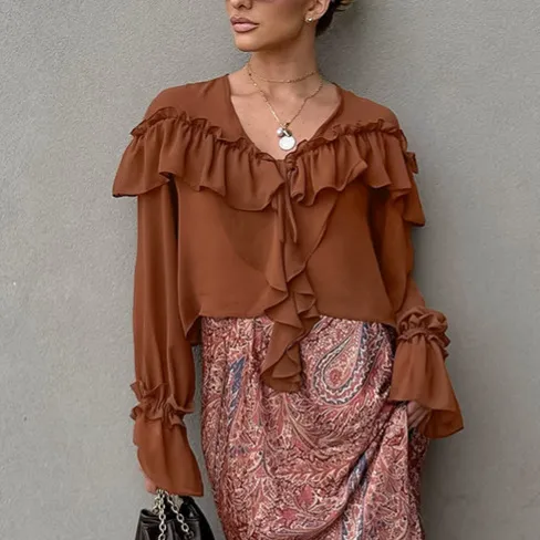 Autumn European And American Design Sense V neck Flounce Lace up Loose Chiffon Shirt Brown - Shop at LoveMi