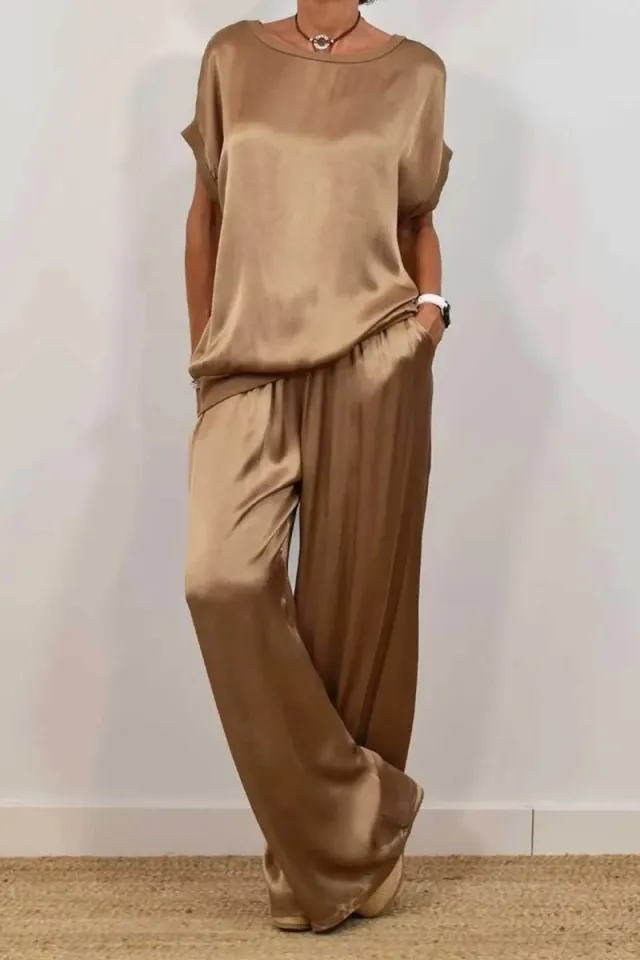 Loose Shirt Wide Leg Pants Casual Suit Brown - Shop at LoveMi