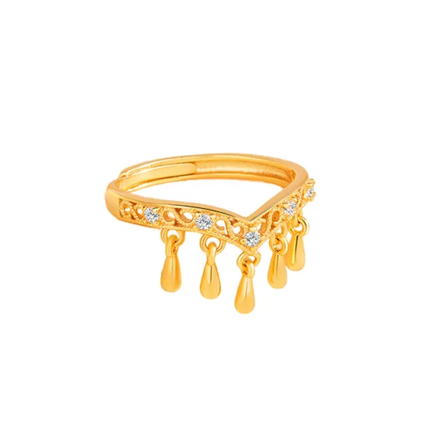Pure Silver Vintage V Shaped Teardrop Tassel Ring Yellow Gold - Shop at LoveMi