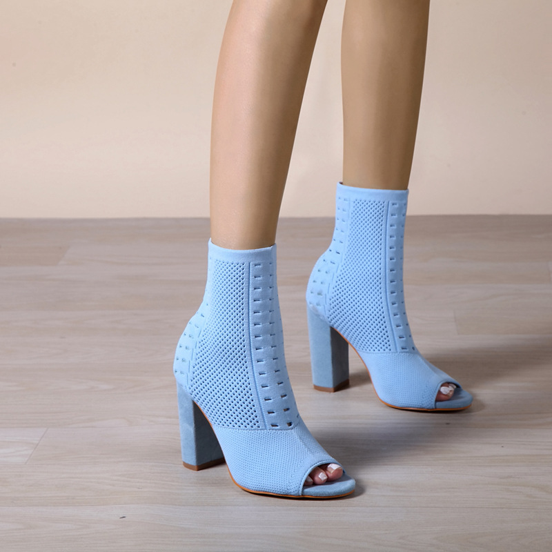Fish-mouth Round-toe Chunky-heel Knit Shoes Fashionable Womens Footwear
