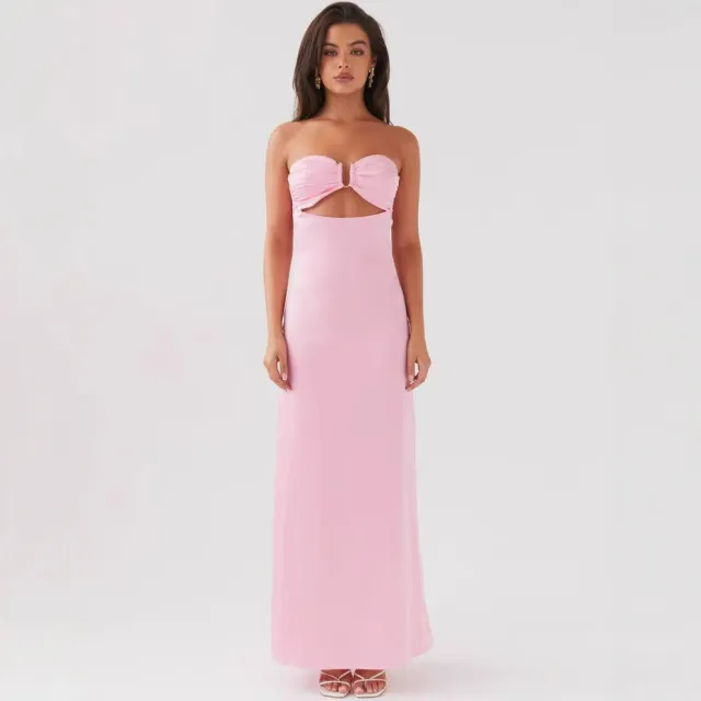 Backless U shaped Decorative Buckle Printed Dress Pink - Shop at LoveMi