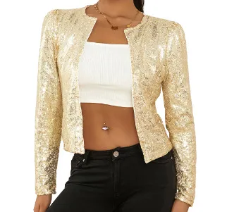 Color Block Sequin Cropped Jacket Champagne S - Shop at LoveMi