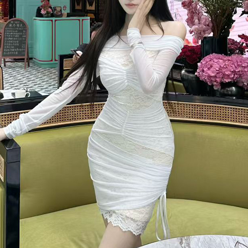 Off-shoulder Design Slim-fit Solid Color Dress