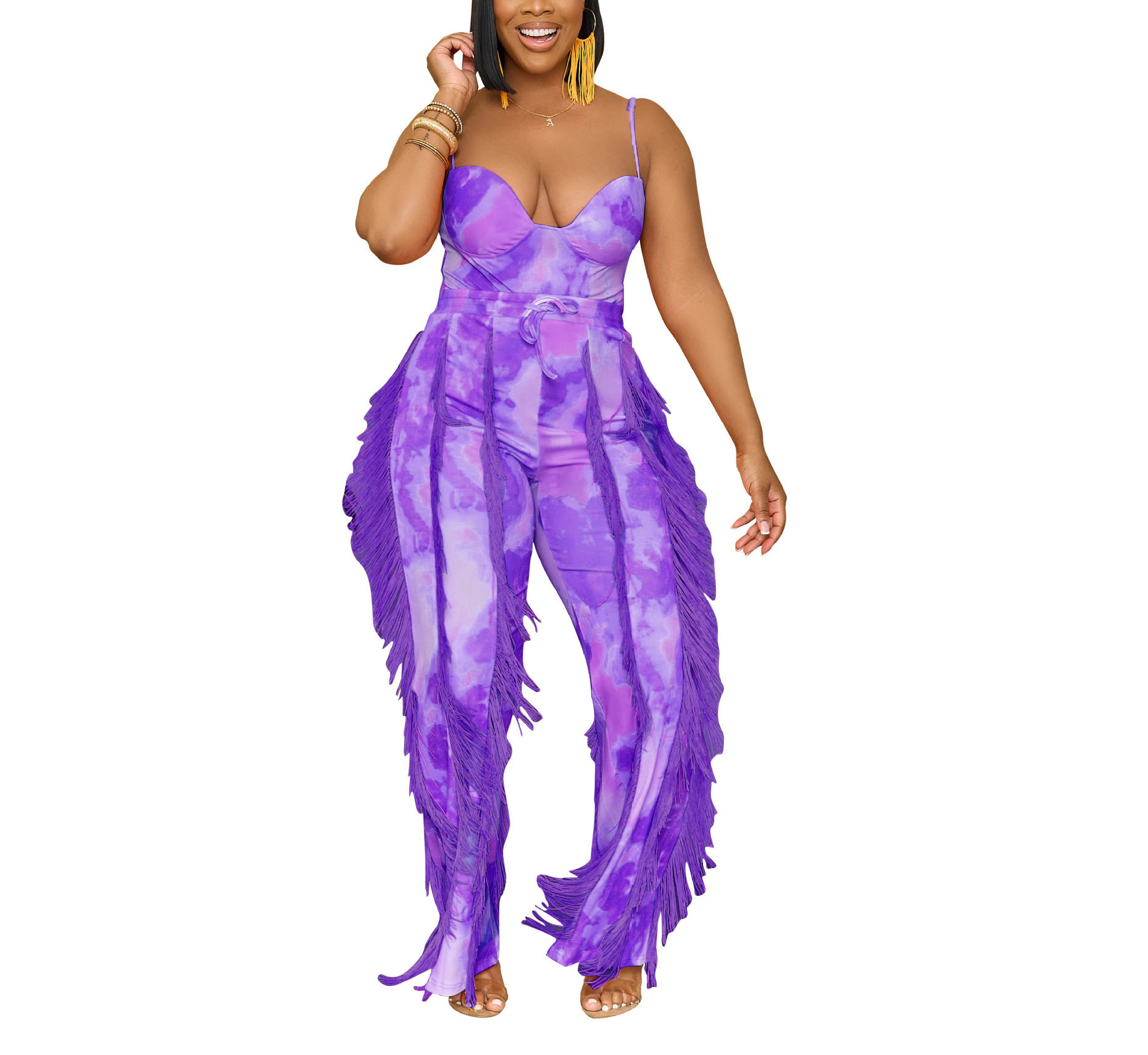 Printed Tassel Lace Sling Jumpsuit Two piece Set Purple - Shop at LoveMi