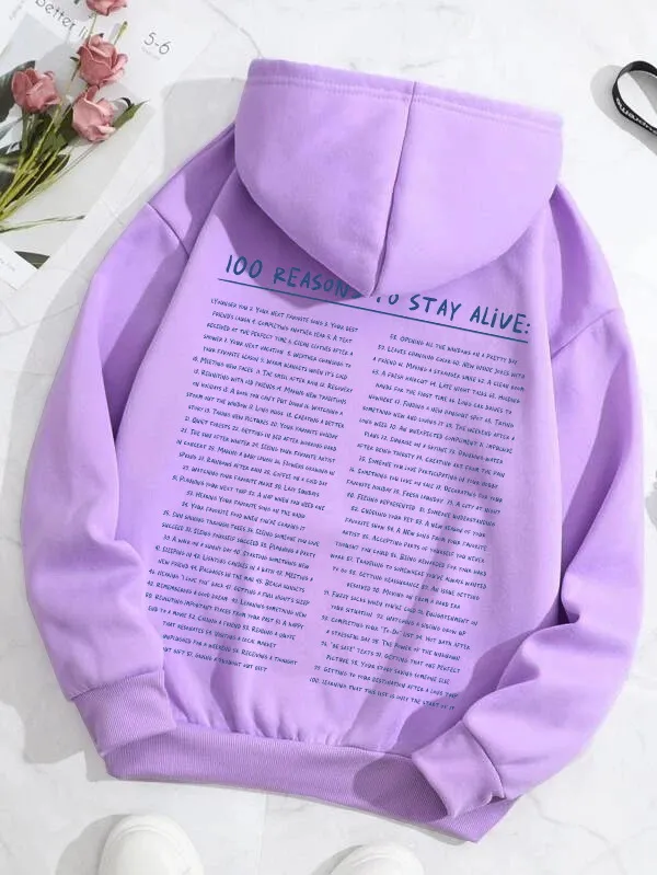 Women's Letter Printed Pocket Fleece lined Drawstring Sweatshirt Purple - Shop at LoveMi