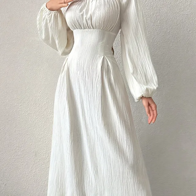 Stunning Textured Cross Tie Lantern Sleeve Midi Dress White - Shop at LoveMi