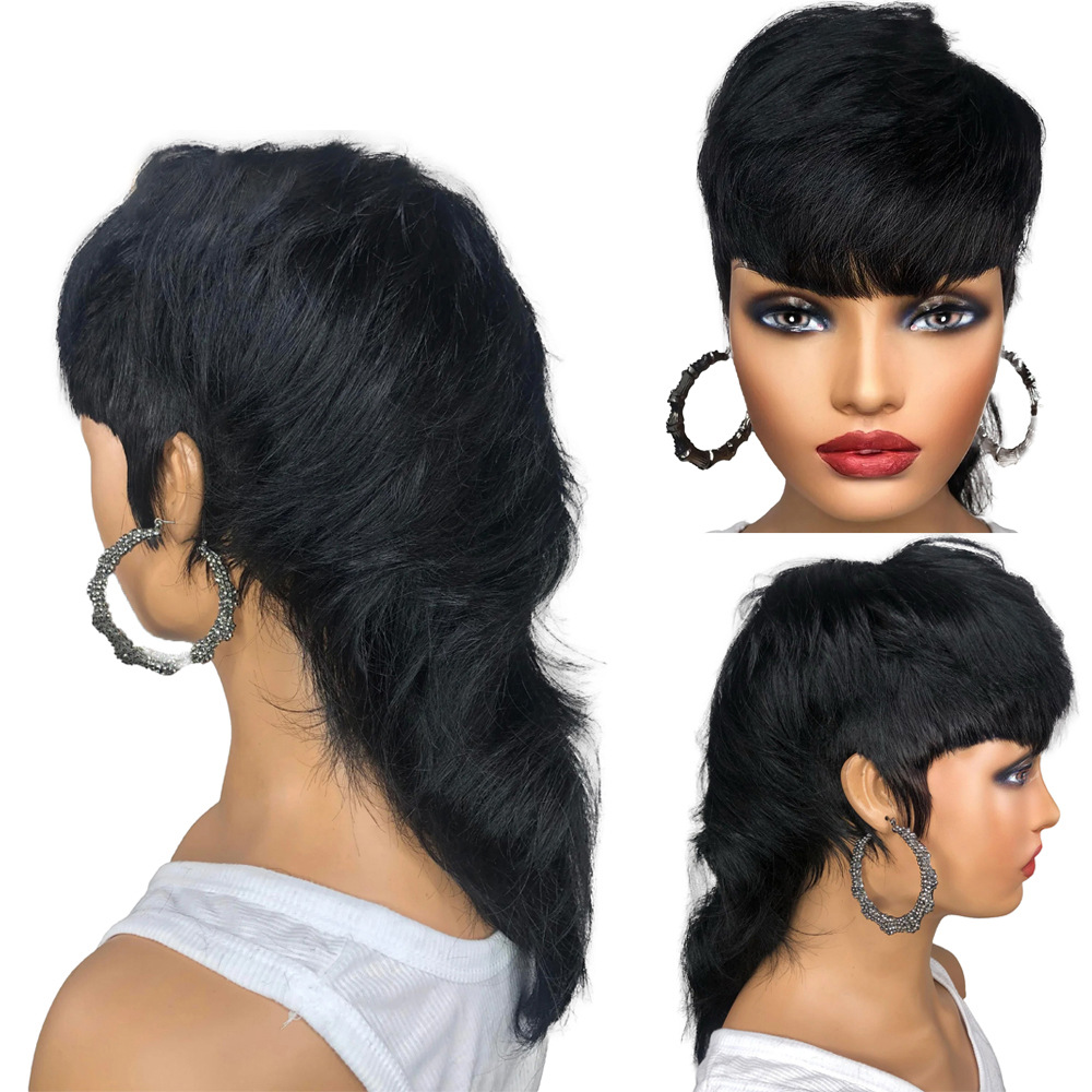 Full Machine Made Wig With Bangs Human Hair Wigs Black - Shop at LoveMi