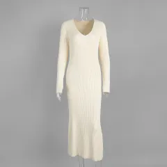 V-neck Slim Solid Colour Long Sleeve Dress - Apricot - View 1