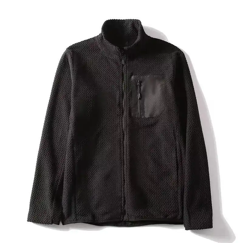 Fleece Stand Collar Cardigan Sweater Fashion Wave Pattern Jacket Coat