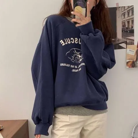 Women's Fleece lined Thick Round Neck Fashion Loose Sweater Navy Blue - Shop at LoveMi