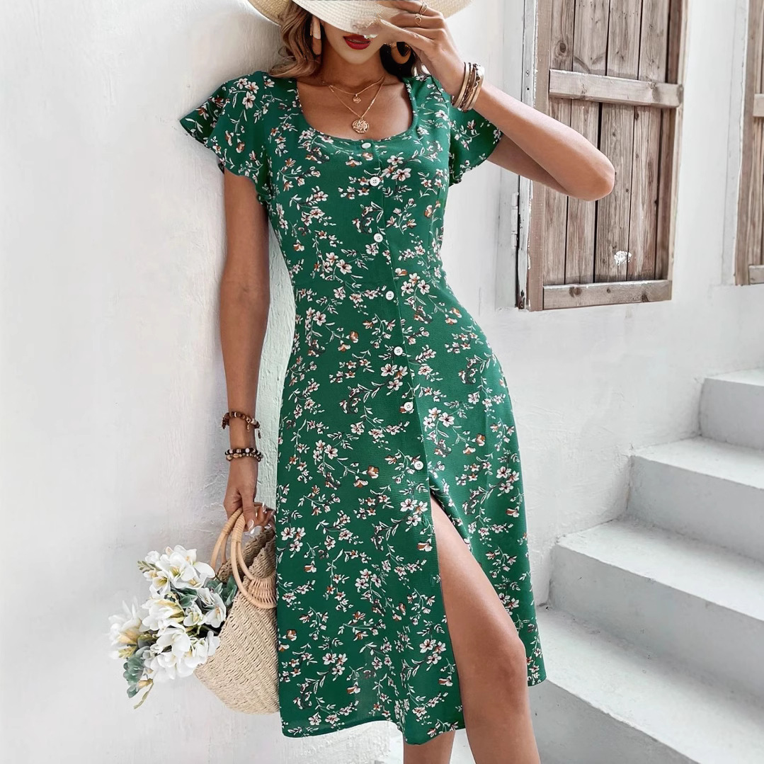 Floral Square Collar Button Split Dress