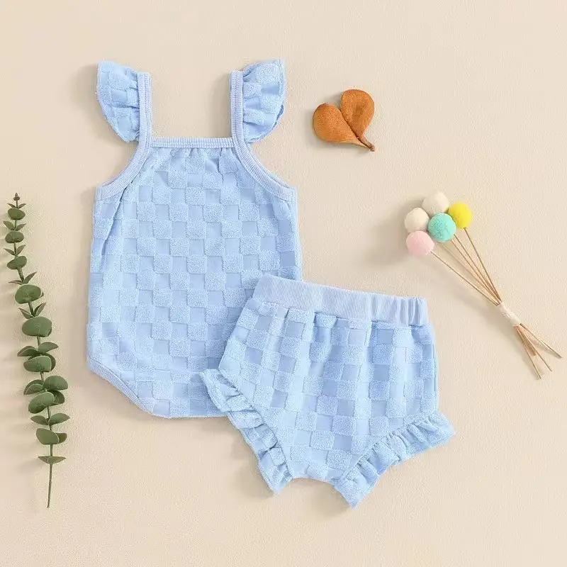 Girls' Solid Color Chessboard Plaid Style Lace Sling Romper Casual Shorts Suit