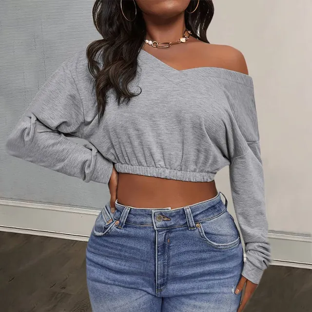 Autumn And Winter Women's New European And American Sexy V neck Top T shirt Casual Sports Fashion Cropped Sweatshirt Gray - Shop at LoveMi