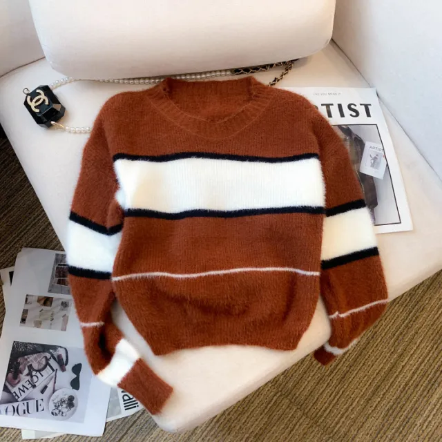 Mera Sweater Korean Casual Loose Contrast Color Striped Short Style Khaki - Shop at LoveMi