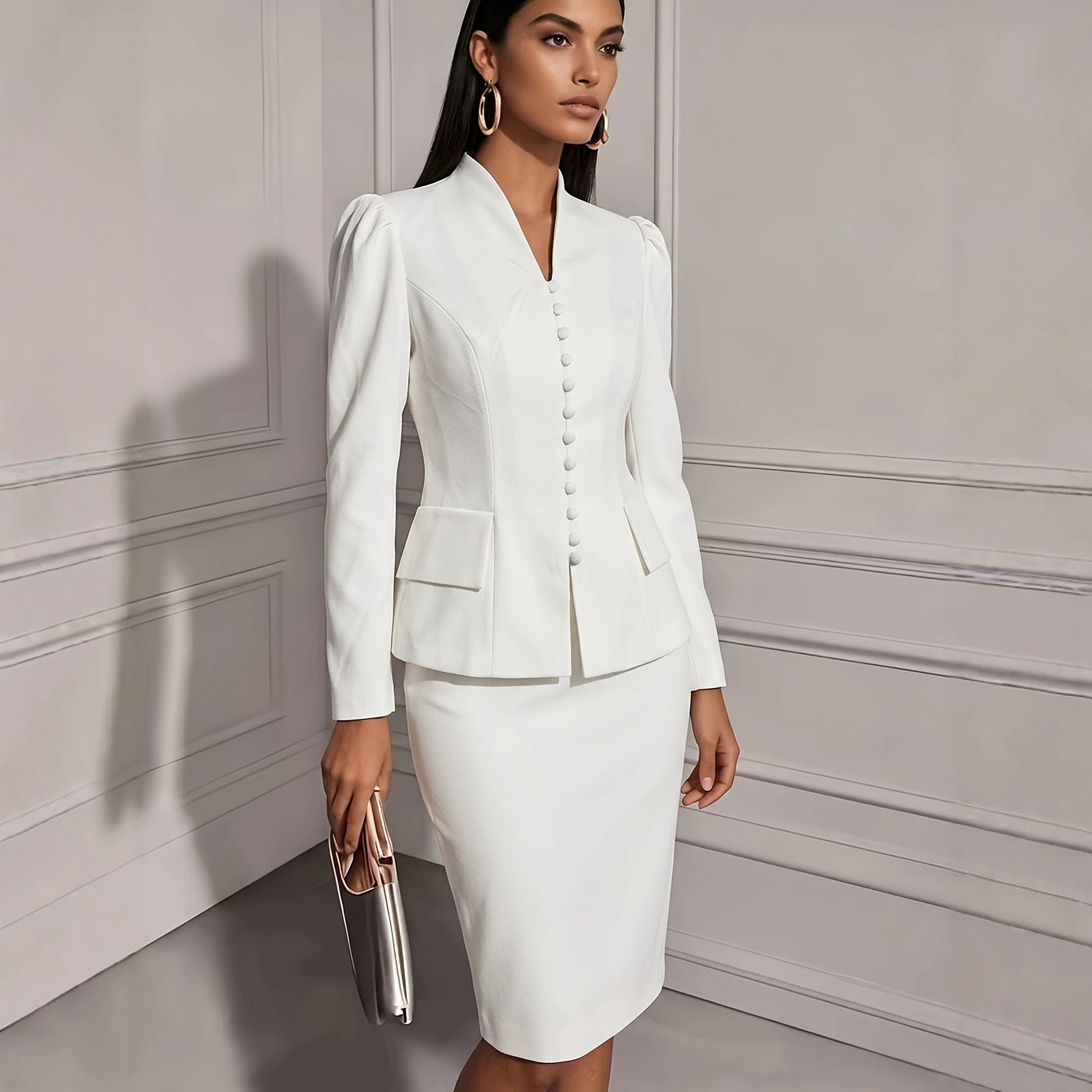 Fitted-waist Blazer And Sheath Skirt Two-piece Set