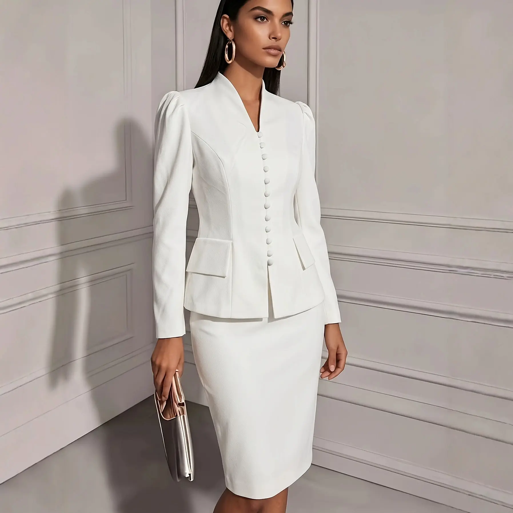 Fitted-waist Blazer And Sheath Skirt Two-piece Set