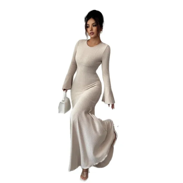 Mermaid Skirt Lotus Trumpet Sleeve Dress Apricot - Shop at LoveMi