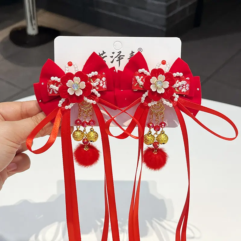 Childrens Chinese-style Red Bow Hair Accessory