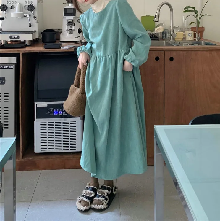 French Style Lantern Long Sleeve Corduroy Dress Women's Autumn And Winter Pleated - Blue