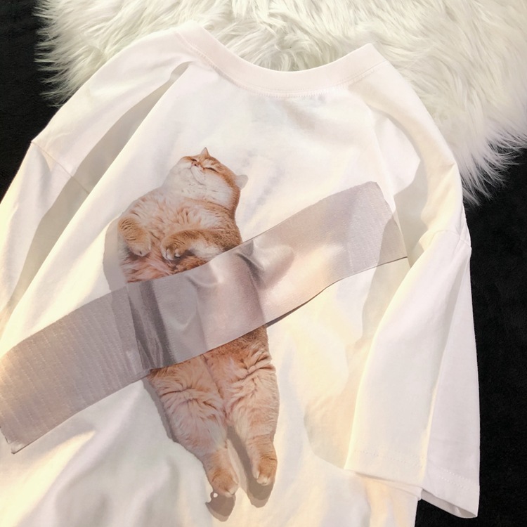 Loose Design American Retro Cat Short Sleeve T-shirt