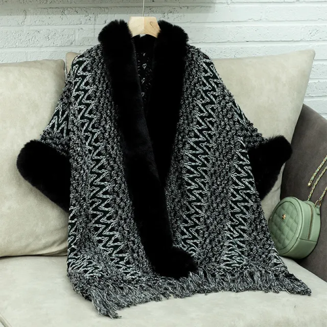 Women's Striped Knitted Tassel Cloak Loose Ethnic Style Black - Shop at LoveMi
