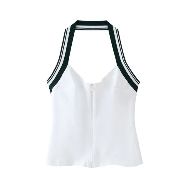 Women's Patchwork Stripe Rib Hanging Collar Backless Top - Shop at LoveMi
