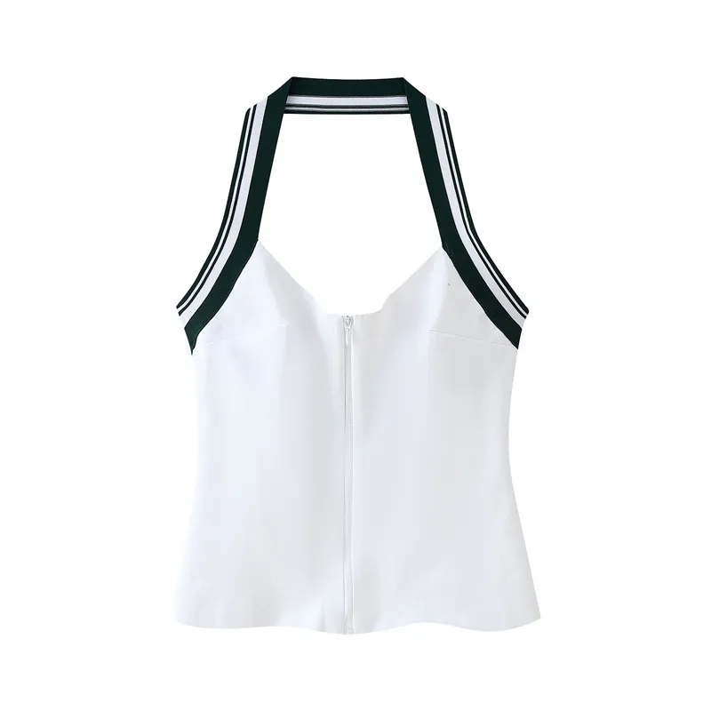Women's Patchwork Stripe Rib Hanging Collar Backless Top