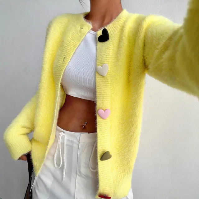 Crew Neck Casual Color Heart shaped Button Sweater Yellow - Shop at LoveMi