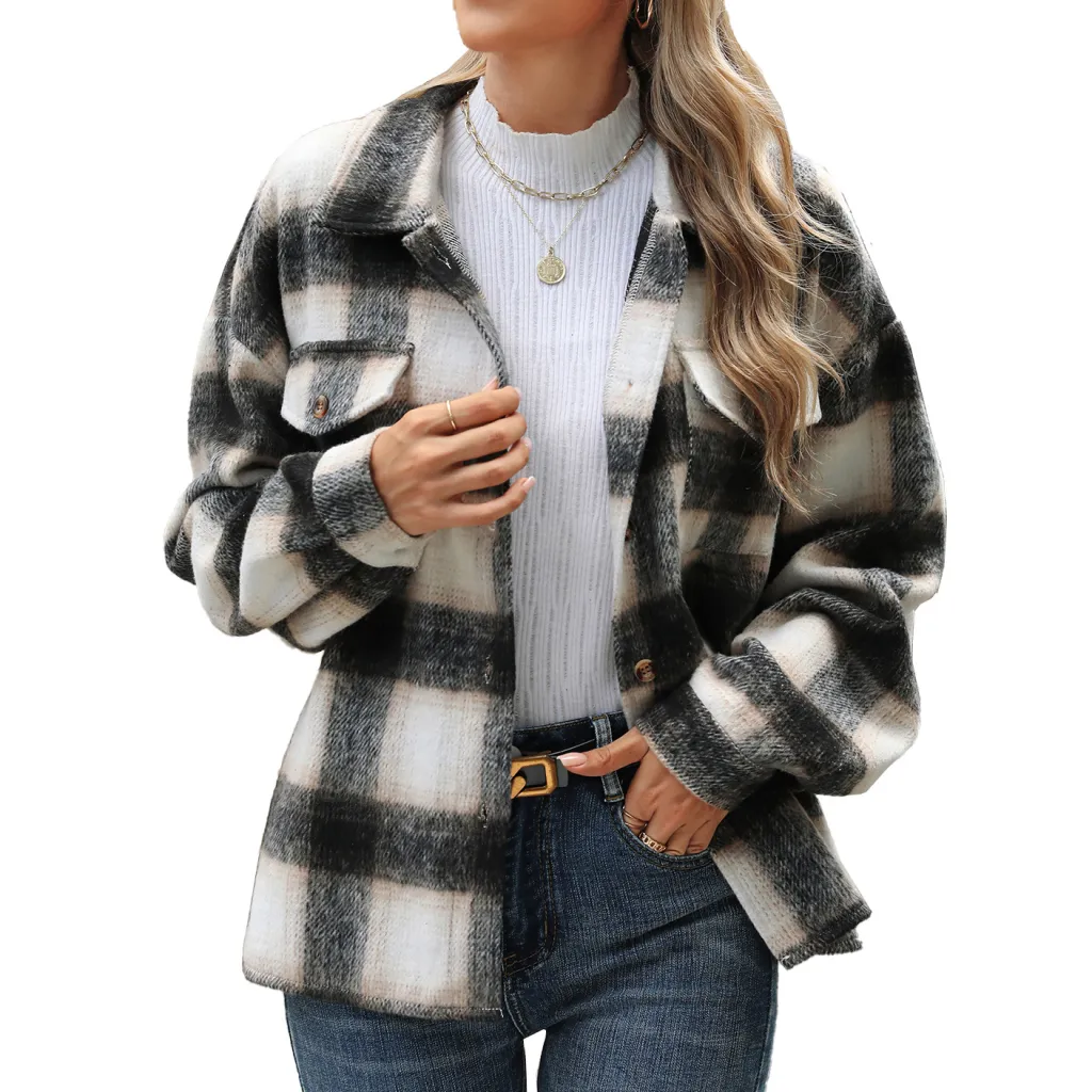 Polo Collar Stripes Plaid Pocket Loose Long-sleeved Woolen Coat - Khaki