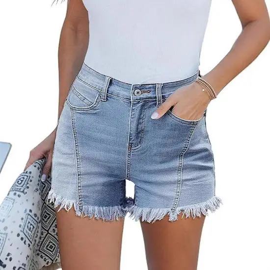Summer New Stylish Casual Plain Ripped Frayed Hem Versatile Denim Shorts For Women